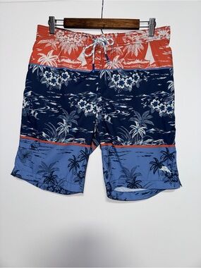 Tommy Bahama Swim Trunks board Shorts Tropical island print Medium Blue orange